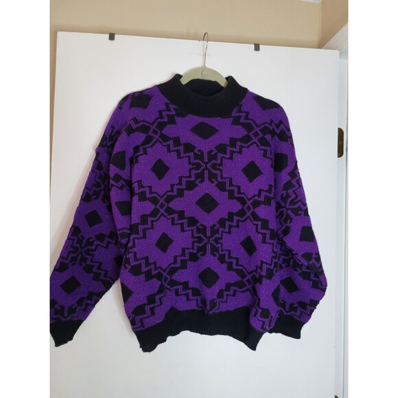 Cheryl Vintage 1990s Sweater Geometric Metallic Purple - Picture 1 of 5